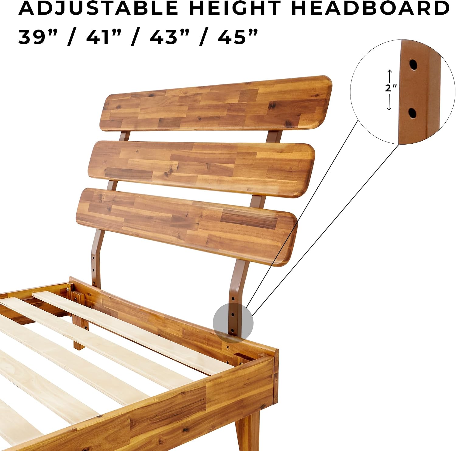 Bme Caden 15 Inch Bed Frame with Adjustable Headboard - Mid Century, Retro Style with Acacia Wood - No Box Spring Needed - 12 Strong Wood Slat Support - Easy Assembly - Caramel, Twin