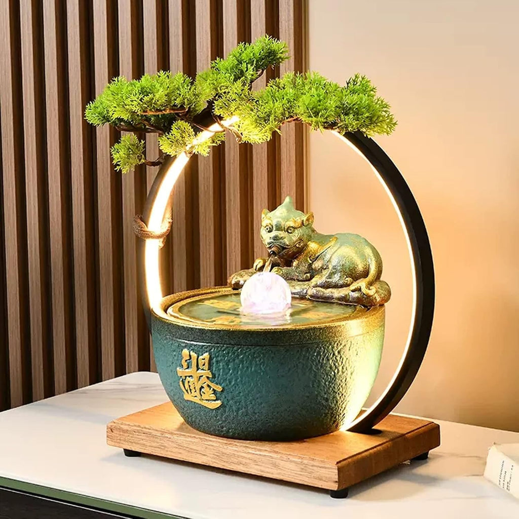 HIHELO Desktop Fountain Ceramic Tabletop Fountain with Wooden Base and LED Light Indoor Feng Shui Water Feature Office Home Decor Night Light Water Fountain Outdoor