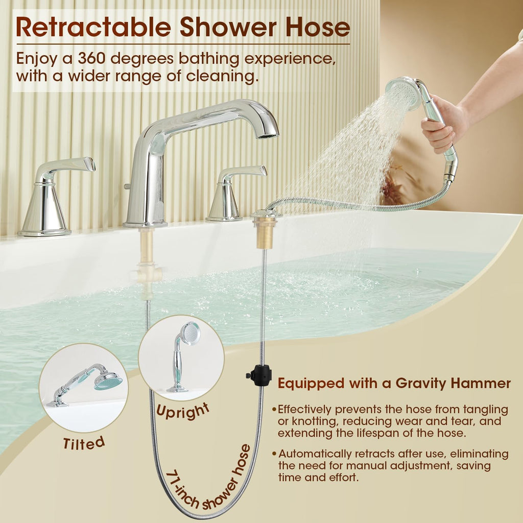 Roman Bathtub Faucet with Sprayer, Qinkell Tub Faucet Set with Valve, 4 Hole Deck Mount Tub Faucets, 2 Handle High Flow Tub Filler with Hand Shower and Supply Lines Polished Chrome
