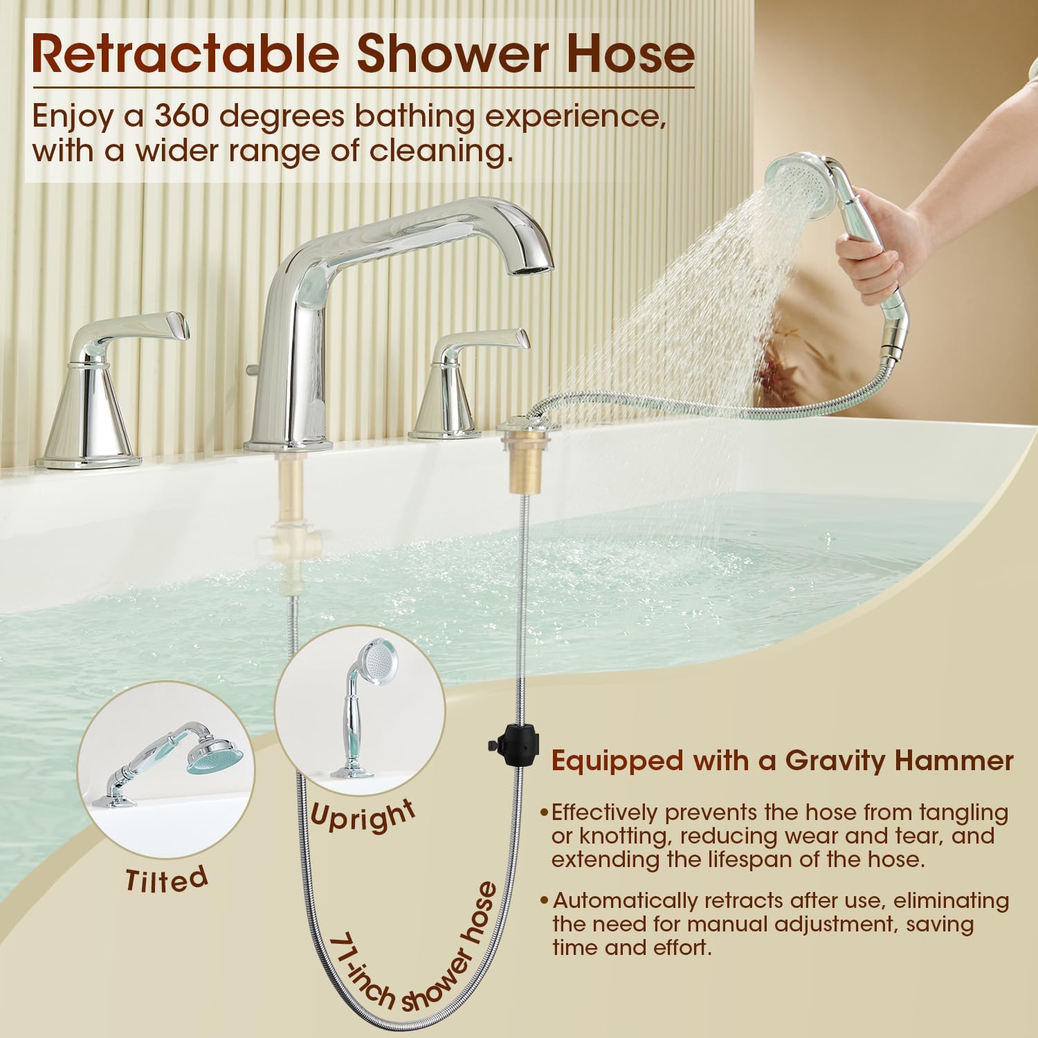 Roman Bathtub Faucet with Sprayer, Qinkell Tub Faucet Set with Valve, 4 Hole Deck Mount Tub Faucets, 2 Handle High Flow Tub Filler with Hand Shower and Supply Lines Polished Chrome