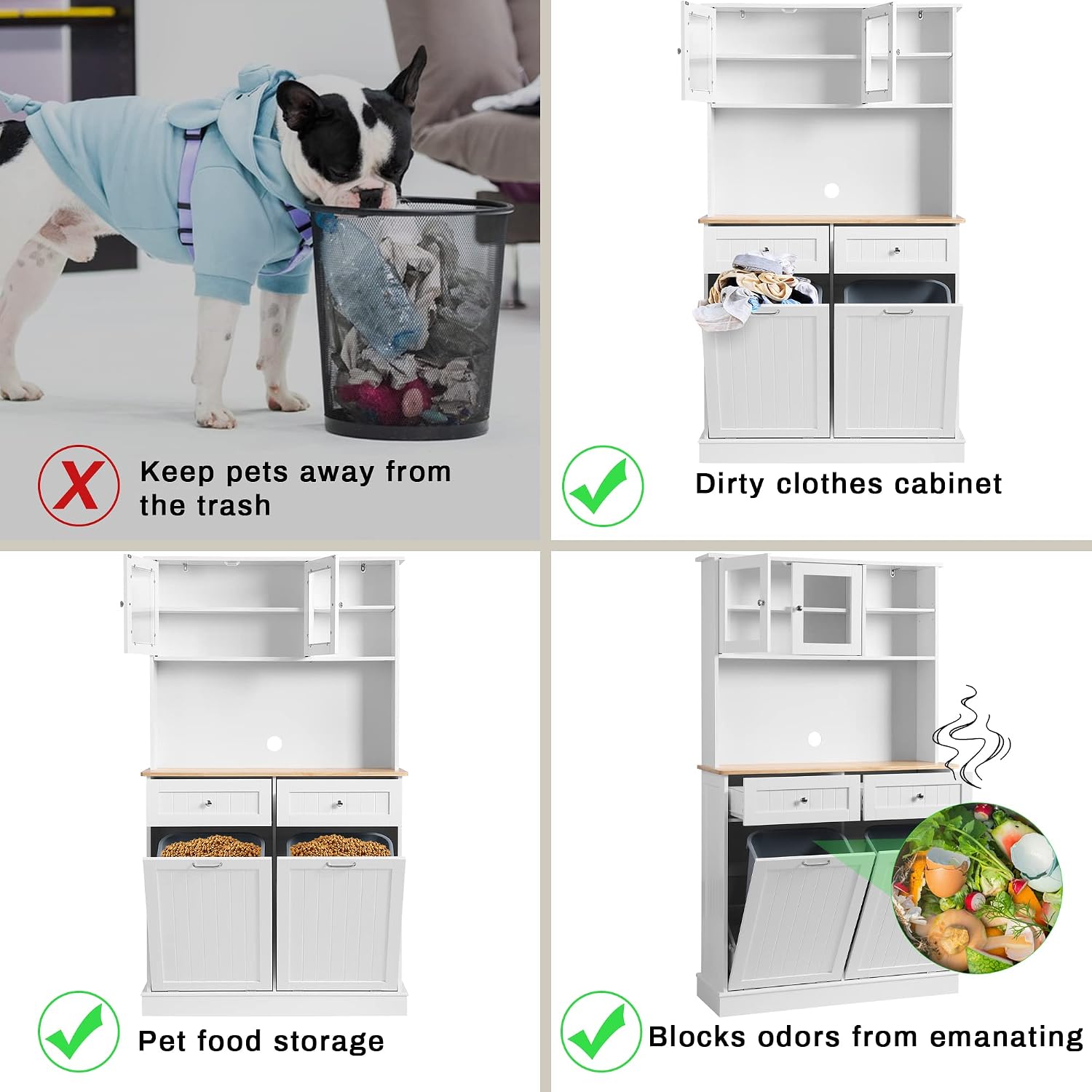 Double Tilt Out Trash Cabinet Storage Cabinet 20 Gallon with Two Solid Wood Hideaway Trash Holder Drawers, Dual Wooden Free Standing Recycling Cabinets Trash Can Bin Kitchen (White)