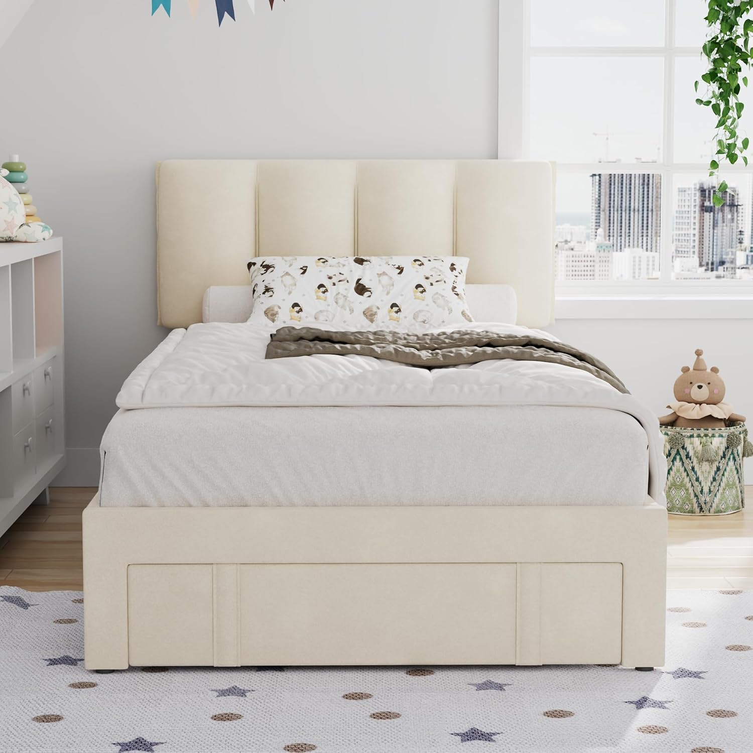 VECELO Twin Bed Frame with Storage Drawer, Heavy-Duty Platform Bedframe with Headboard & Strong Wooden Slats Support, No Boxing Spring Needed, Pala Beige
