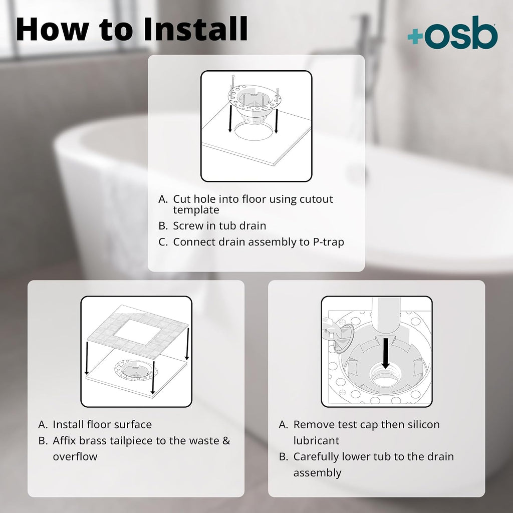 OS&B ITD25 FRZERO Fire Rated PVC Island Tub Drain Kit for Freestanding Tubs, Rough-in for Easy Installation, Compatible for Non-Combustible Buildings, Testable Bathtub Drain for 8'/10' Joist Space