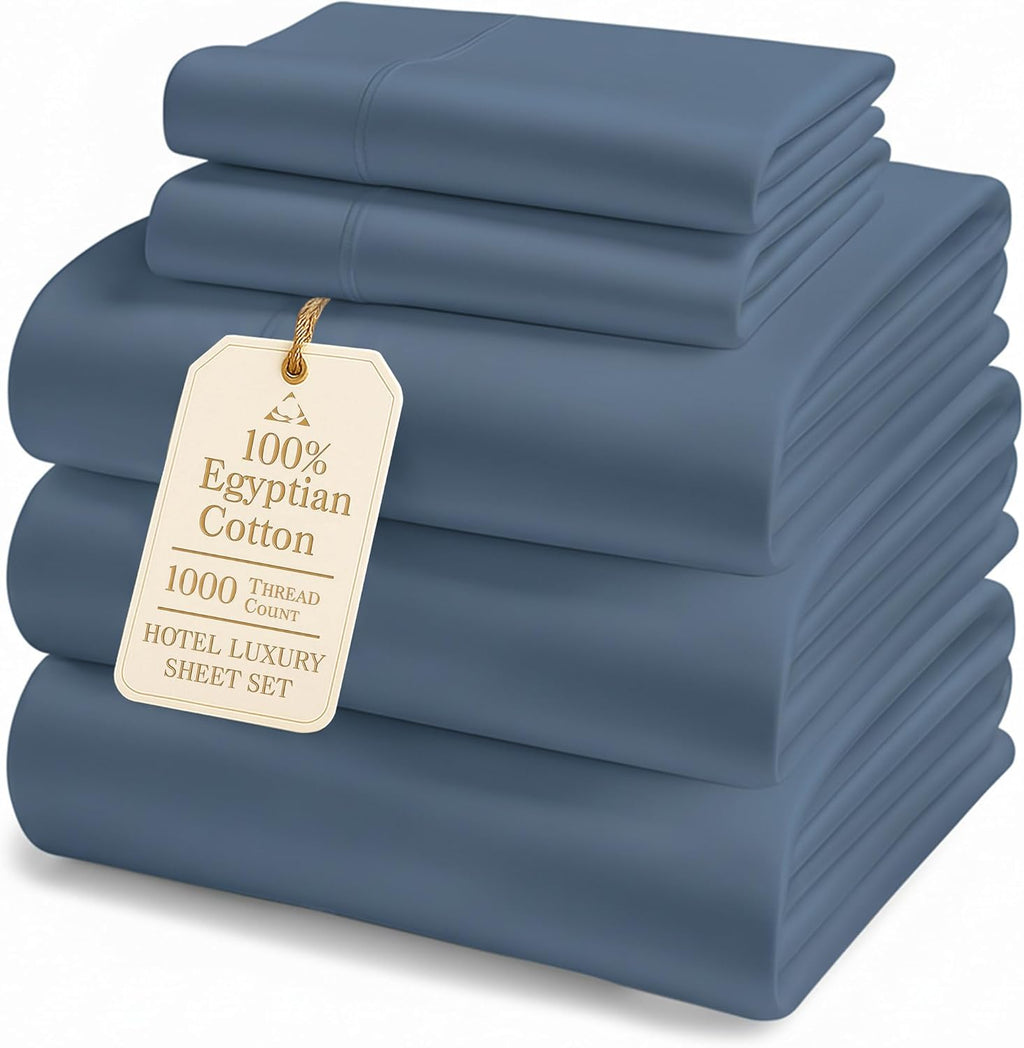 LANE LINEN 100% Cotton Split King Sheets for Adjustable Beds - 1000 Thread Count, Long Staple Mercerized Bedding Sheets, Luxury Hotel Like Thick 15' Deep Pocket Reinforced French Seams - Estate Blue