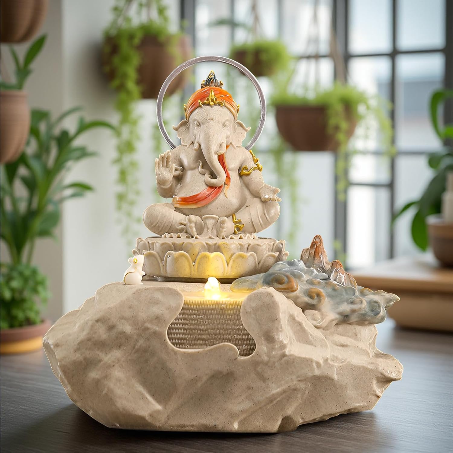 Zen Buddha Tabletop Fountain with LED Lights & Crystal Accents – Indoor Meditation Waterfall Feature with Cascading Water for Home, Office, Living Room or Bedroom – Free 10 Free Crystals (Style 4)