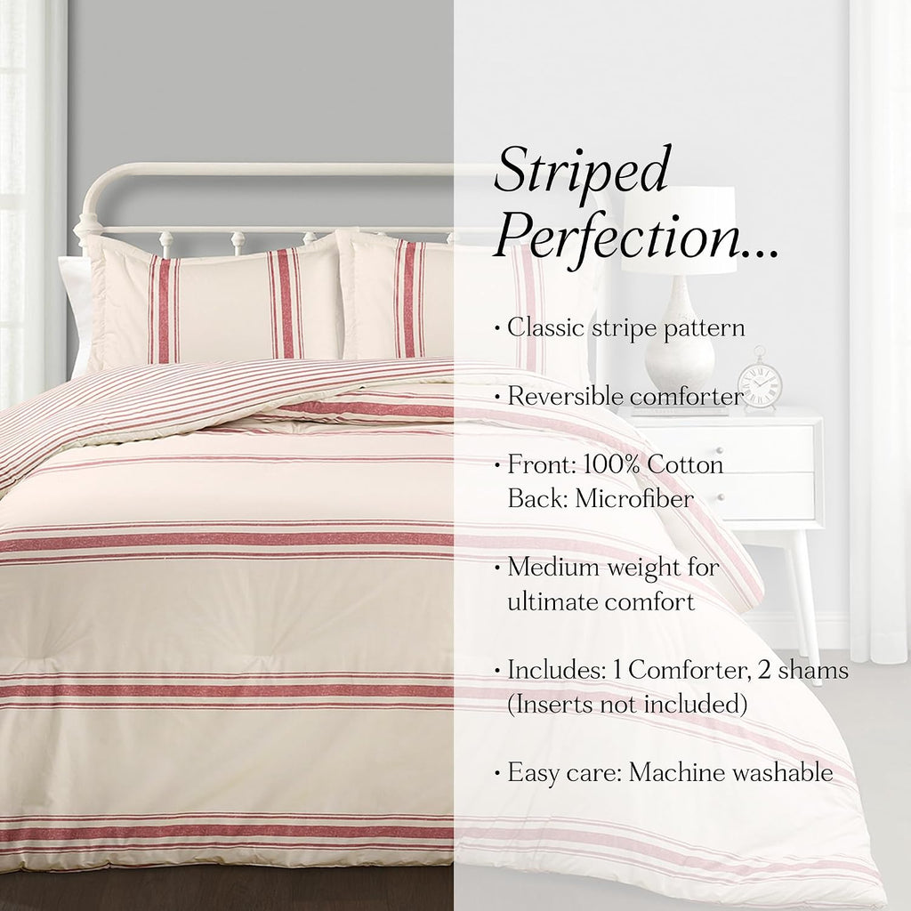 Lush Decor Farmhouse Stripe Reversible Cotton Comforter Set, 3 Piece Set, King, Red - Cozy Farmhouse Bedding Set - Rustic Decor - Striped Comforter - Modern Farmhouse Bedroom Decor