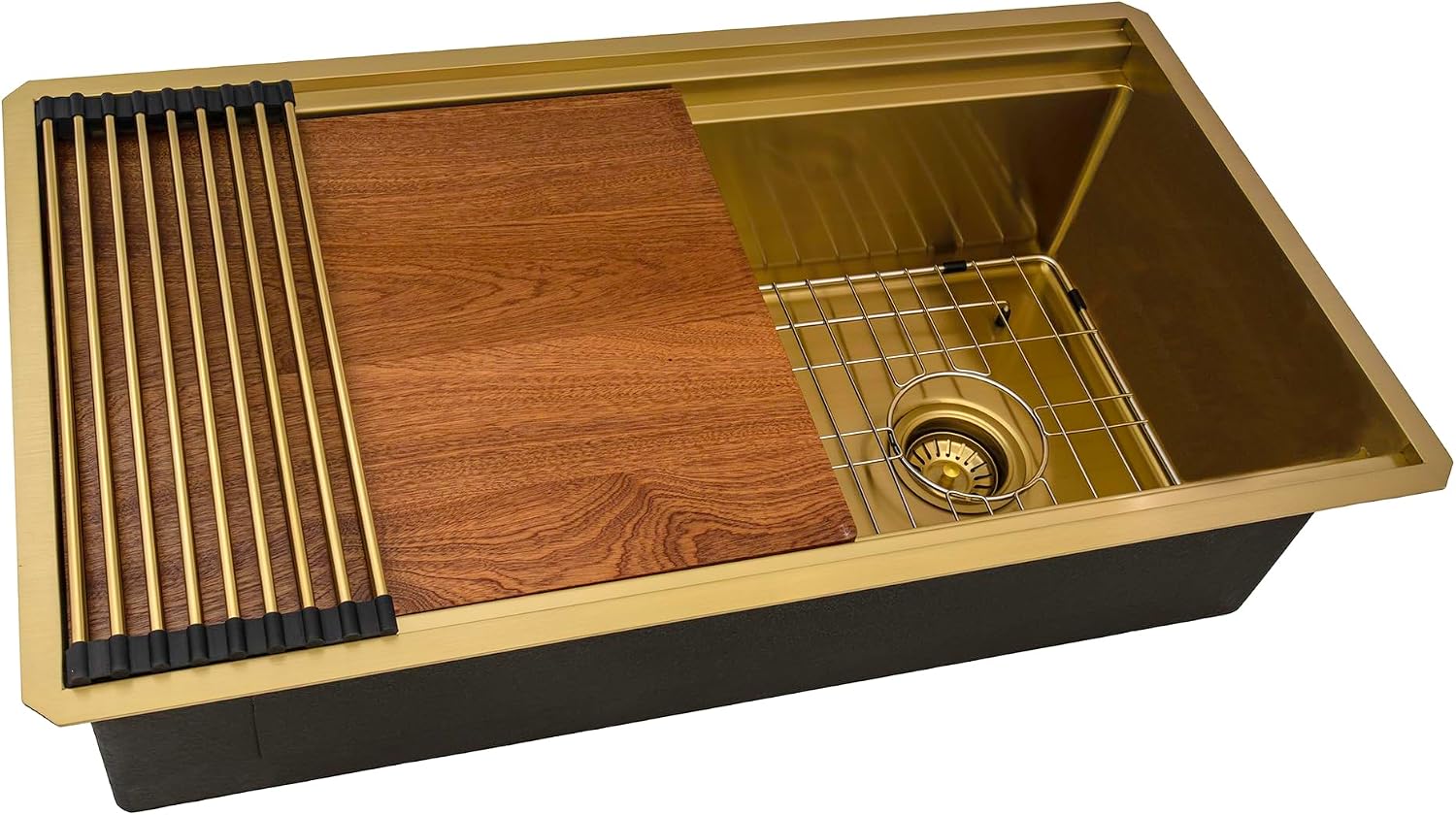 Ruvati 33-inch Polished Brass Matte Gold Stainless Steel Workstation Two-Tiered Ledge Undermount Kitchen Sink - RVH6222GG