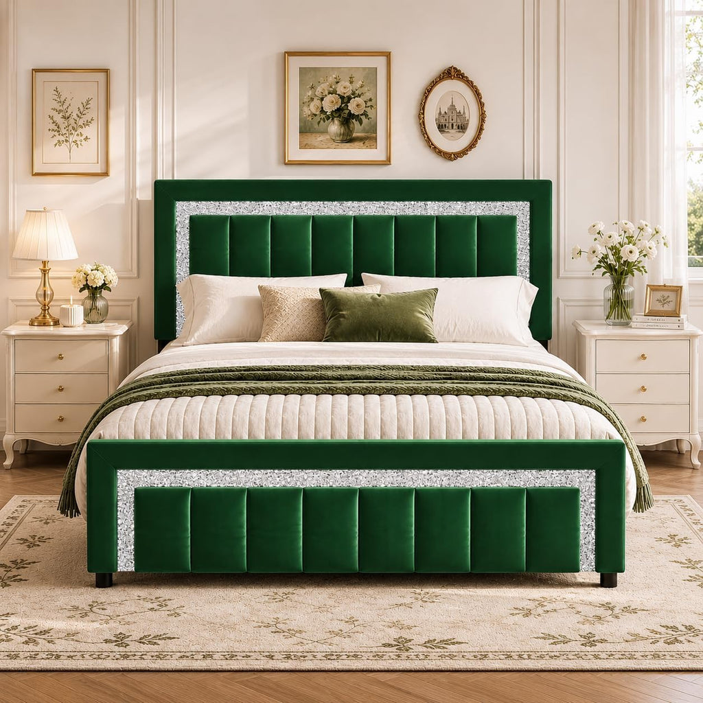 HOMBCK Bed Frame Queen Size with Upholstered Headboard and Footboard, Velvet Queen Bed Frames with Diamond Design, No Box Spring Required, Easy Assembly, Green
