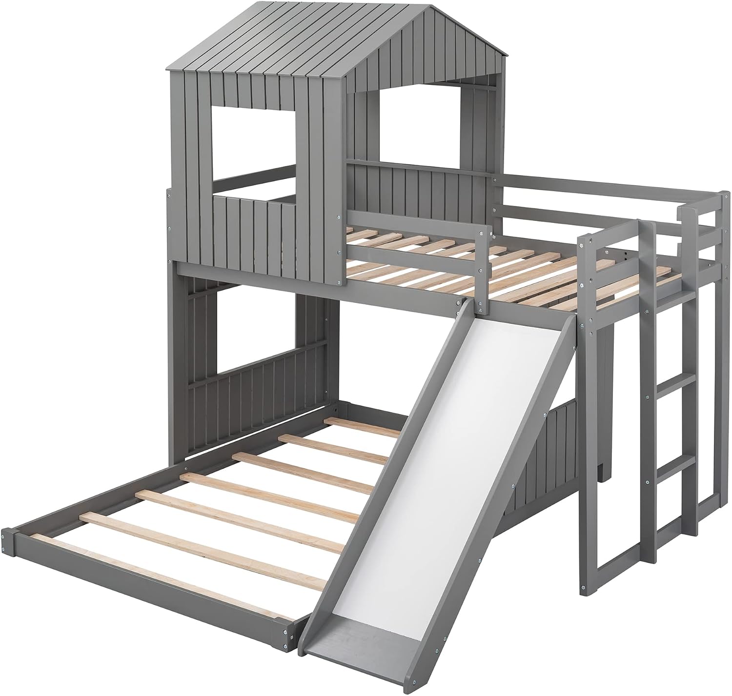 MERITLINE House Bed Bunk Beds with Slide Twin Over Full Size Bunk Bed Frame with Slide,Wooden Playhouse - Design Slide Bunk Beds Twin Over Full Bunk for Boys and Girls