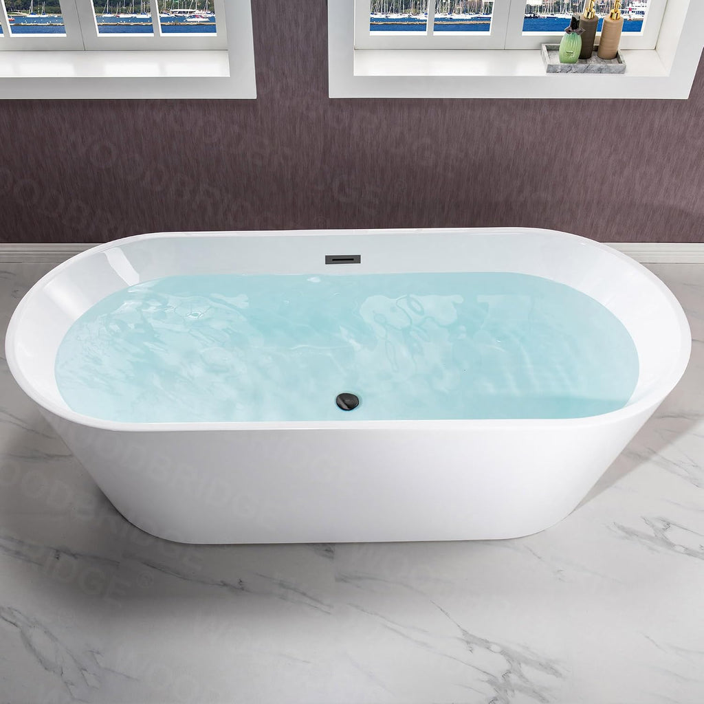 WOODBRIDGE 71' Acrylic Freestanding Bathtub Contemporary Soaking White Tub with Matte Black Overflow and Drain,White,B1701 MB