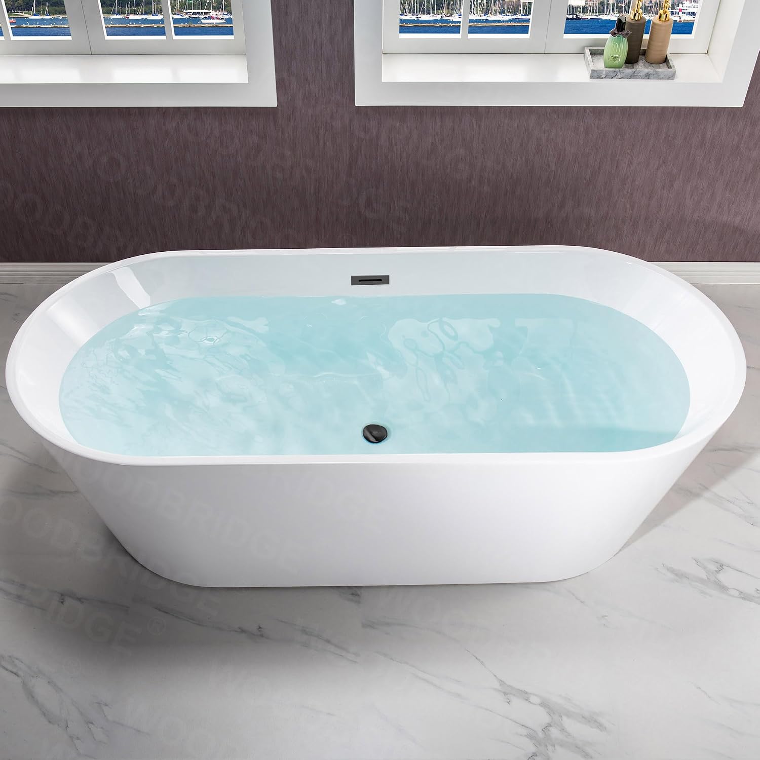 WOODBRIDGE 71' Acrylic Freestanding Bathtub Contemporary Soaking White Tub with Matte Black Overflow and Drain,White,B1701 MB
