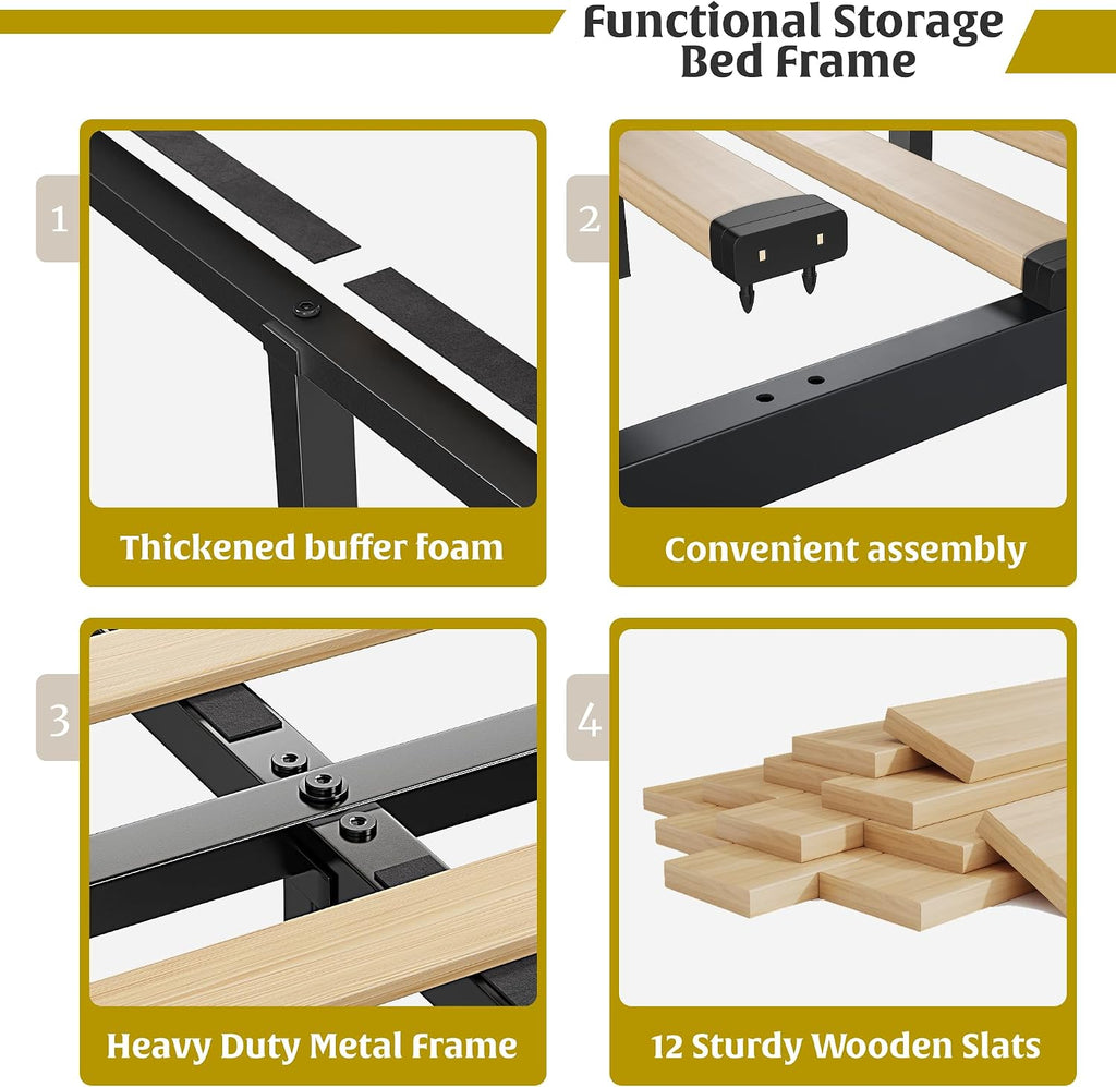 EnHomee Full Bed Frame with Adjustable Headboard &3 Storage Drawers,Upholstered Bed Frame Full Size with LED Light,No Box Spring Needed,Noise Free,Easy Assembly,Beige