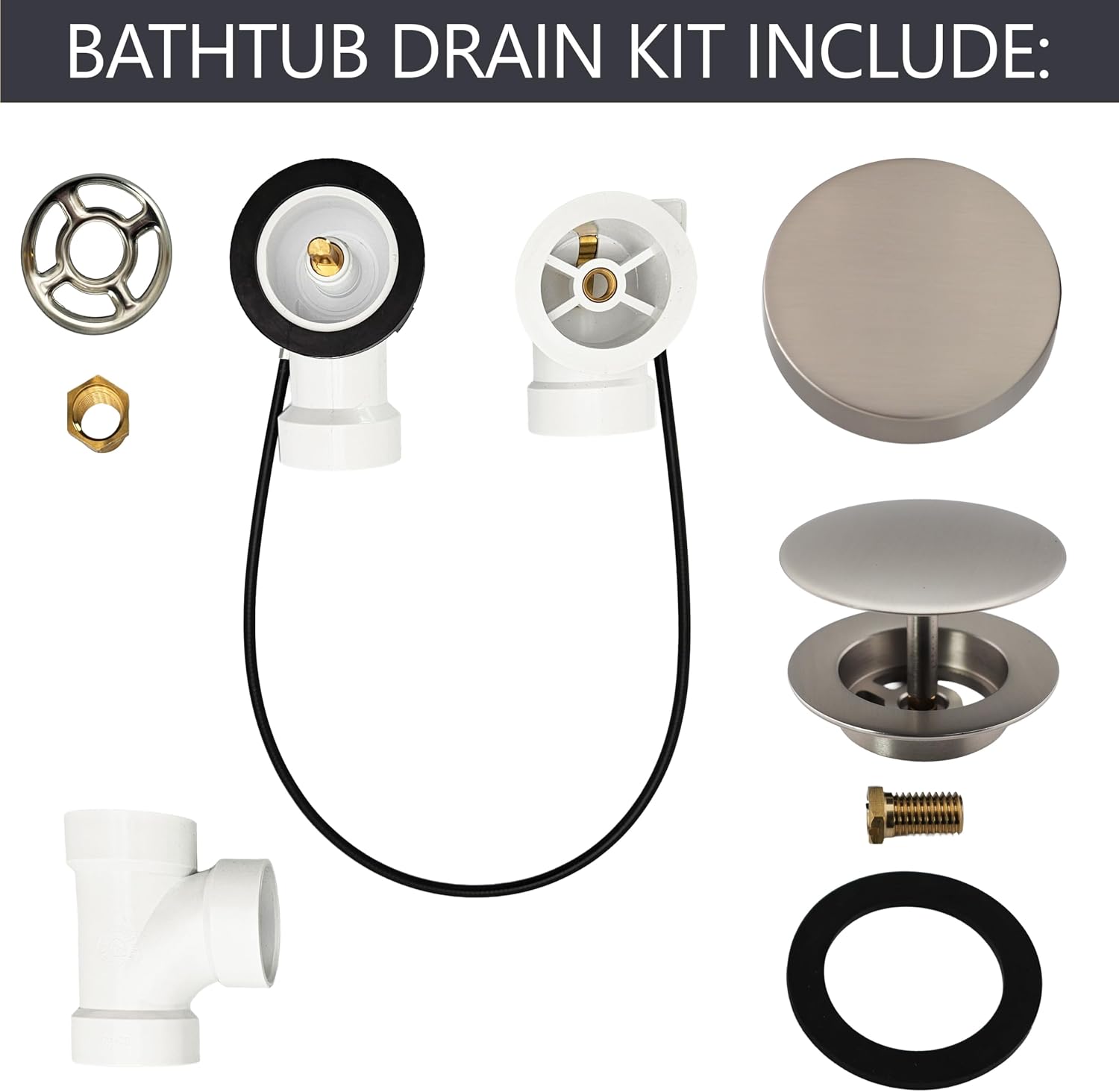 Westbrass D50P35SRE-07 35' Cable Drive Bathtub Drain Trim with Rotary Overflow Cover Knob, Pop-Up Stopper Sch. 40 PVC Fittings, Satin Nickel