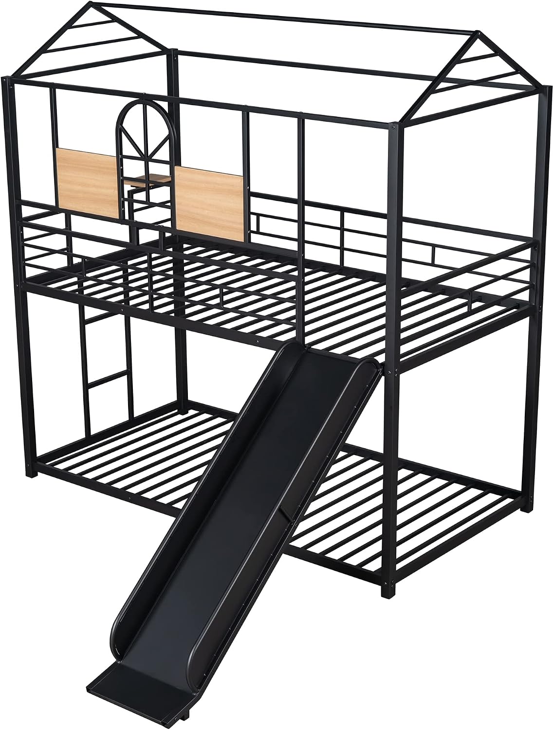 MERITLINE Metal Bunk Bed Twin Over Twin Bunk Bed Frame with Slide,Twin Over House Bed with Guardrails