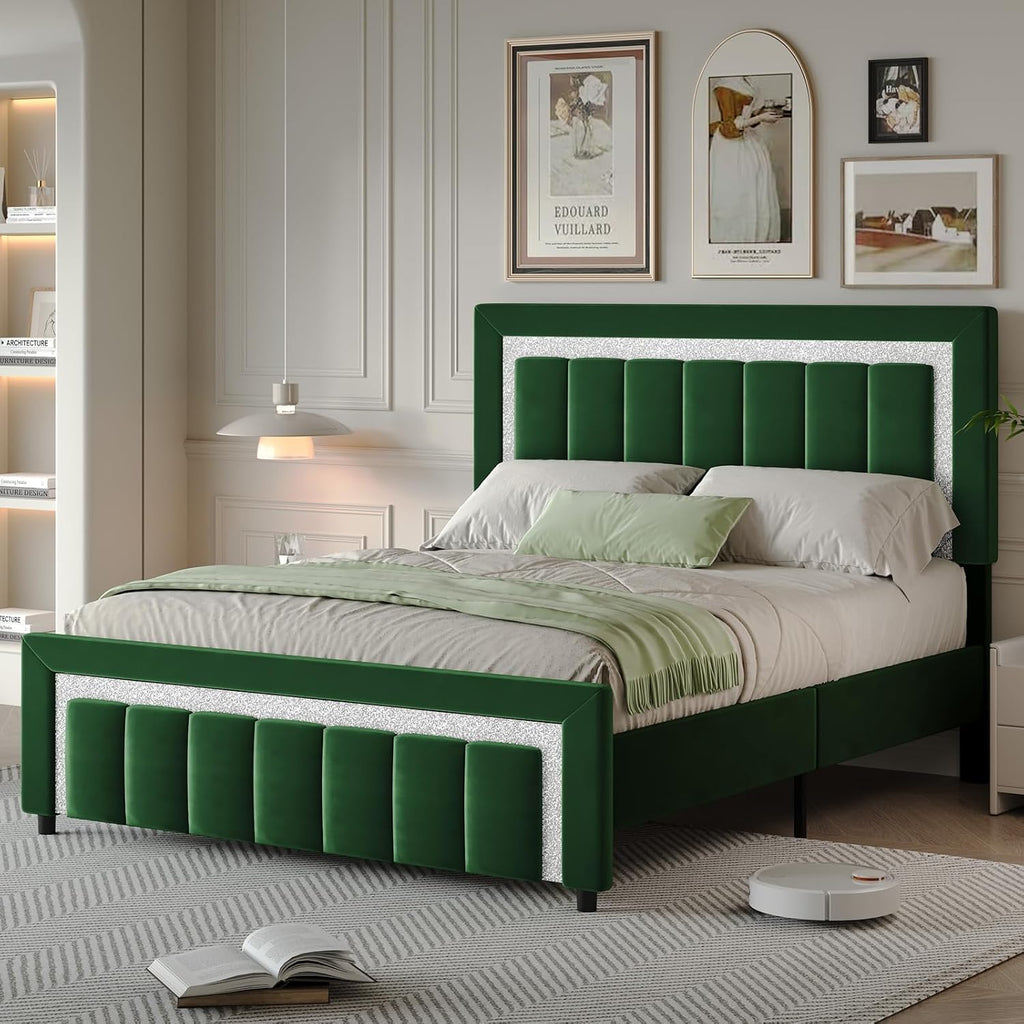 HOMBCK Bed Frame Queen Size with Upholstered Headboard and Footboard, Velvet Queen Bed Frames with Diamond Design, No Box Spring Required, Easy Assembly, Green