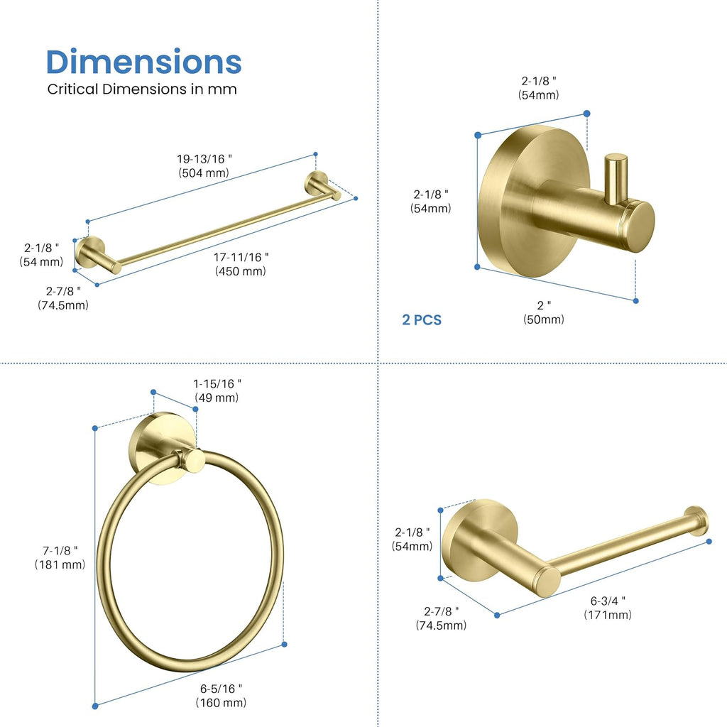 KIBI 5-Piece Bathroom Hardware Set – Wall Mounted Circular Bathroom Accessories Kit with 18 Inch Towel Bar, Towel Ring, Toilet Paper Holder & 2 Robe Hooks – Brushed Gold