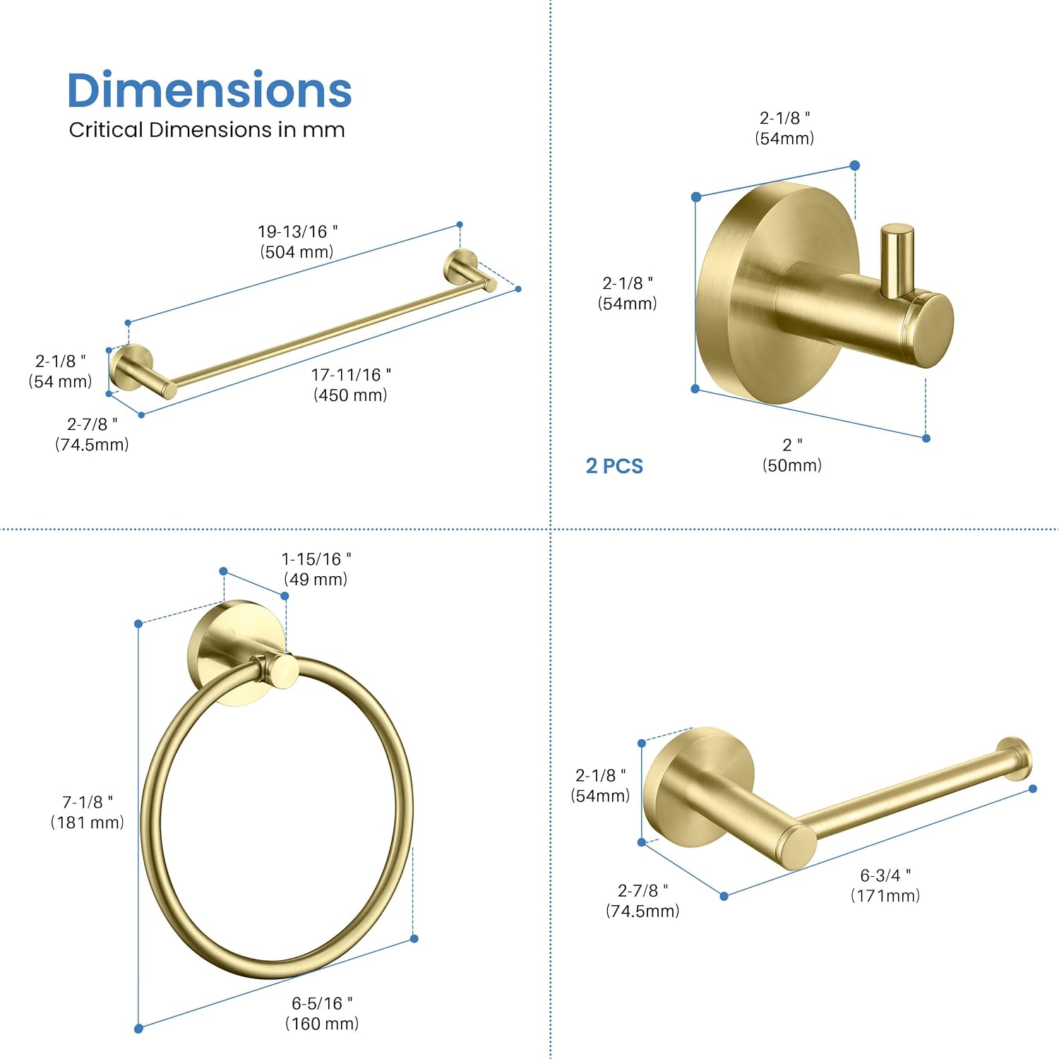 KIBI 5-Piece Bathroom Hardware Set – Wall Mounted Circular Bathroom Accessories Kit with 18 Inch Towel Bar, Towel Ring, Toilet Paper Holder & 2 Robe Hooks – Brushed Gold