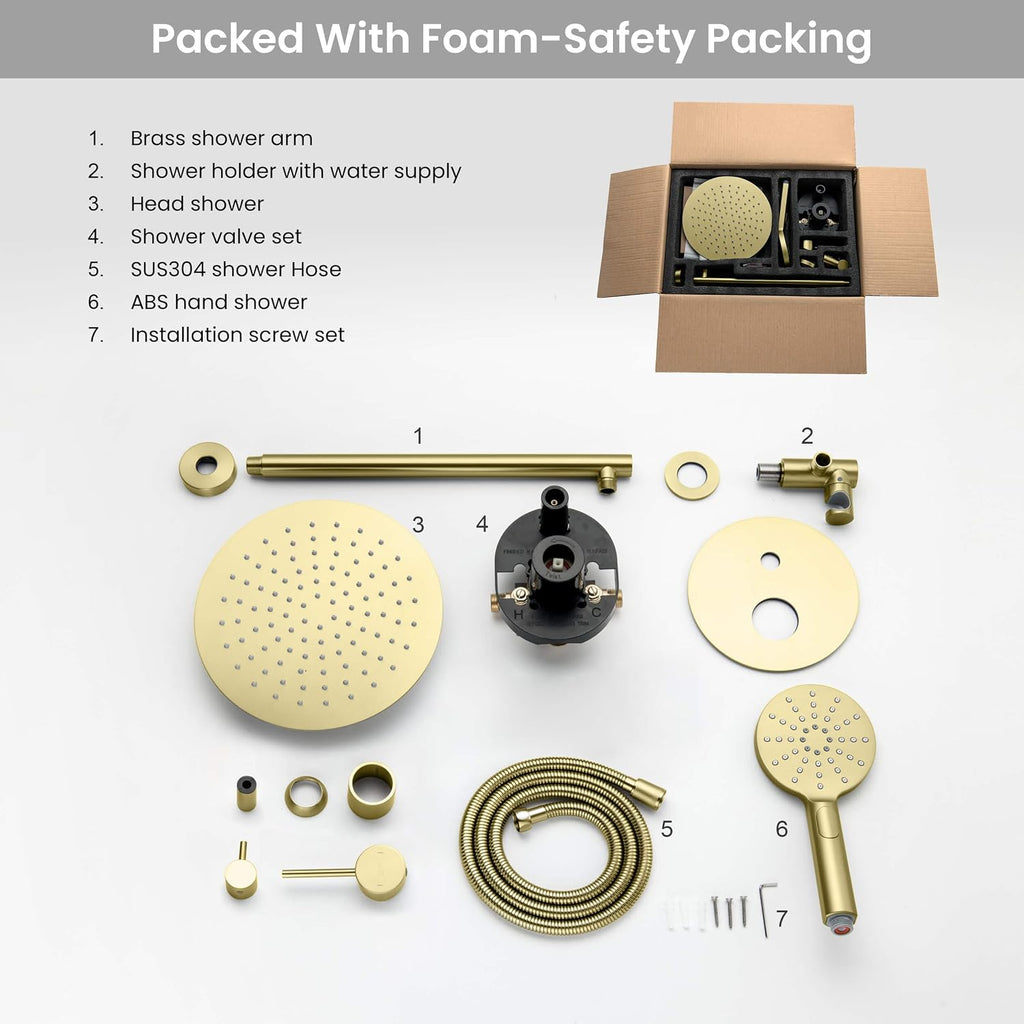 KIBI Circular Bathroom Shower System | 2-Function Wall Mounted Shower Faucet Set | Solid Brass Pressure Balanced Valve Construction | Durable and Leak-Free | Brushed Gold Finish (KSF403)
