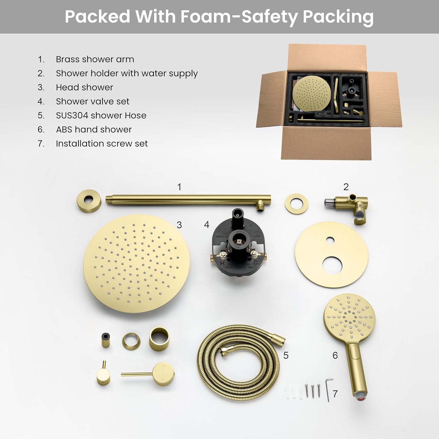 KIBI Circular Bathroom Shower System | 2-Function Wall Mounted Shower Faucet Set | Solid Brass Pressure Balanced Valve Construction | Durable and Leak-Free | Brushed Gold Finish (KSF403)