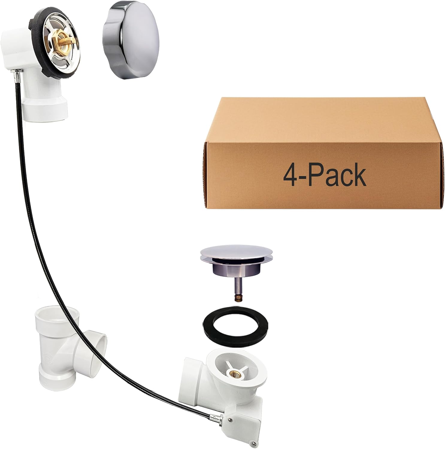 Westbrass D50P45-26 45' Cable Drive Standard Bath Drain Trim Kit with Rotary Overflow Cover Knob, Pop-Up Stopper and Sch. 40 PVC Fittings, Polished Chrome (4-Pack)