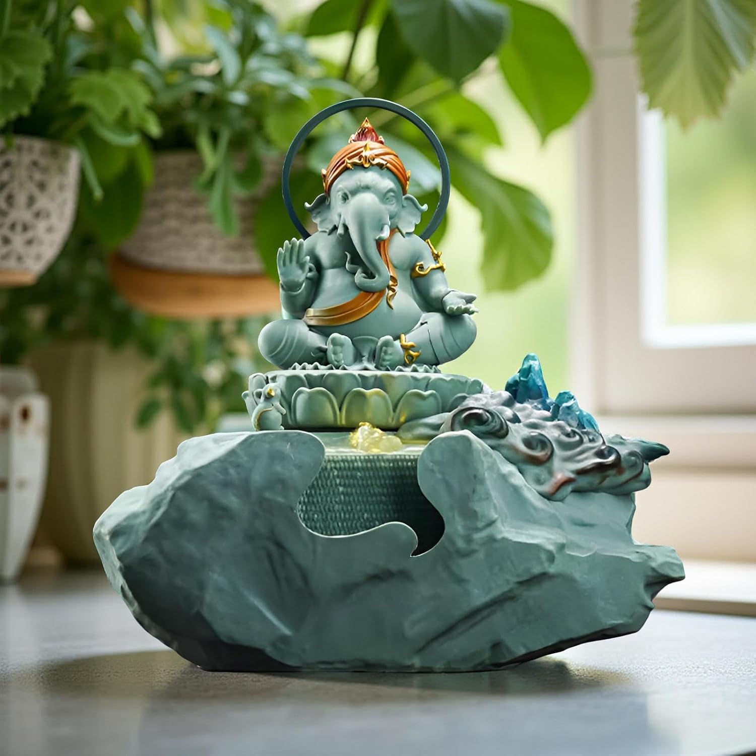 Zen Buddha Tabletop Fountain with LED Lights & Crystal Accents – Indoor Meditation Waterfall Feature with Cascading Water for Home, Office, Living Room or Bedroom – Free 10 Free Crystals (Style 5)