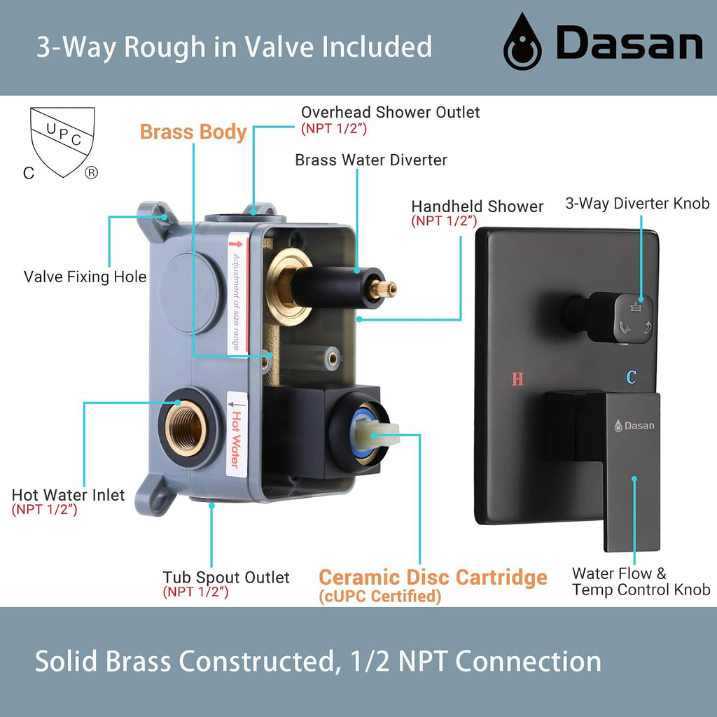 DASAN Tub Shower Faucets Sets Complete Matte Black Bathtub Shower System with Waterfall Tub Spout, Bathtub Faucet Set Tub and Shower Faucet Combo Trim Kit with Valve, DA-SS04MB-S10W