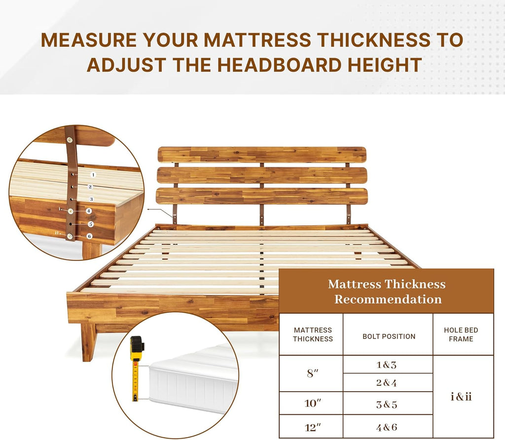 Bme Caden 15 Inch Deluxe Bed Frame with Adjustable Headboard - Mid Century, Retro Style with Acacia Wood - No Box Spring Needed - 12 Strong Wood Slat Support - Easy Assembly - Caramel, King