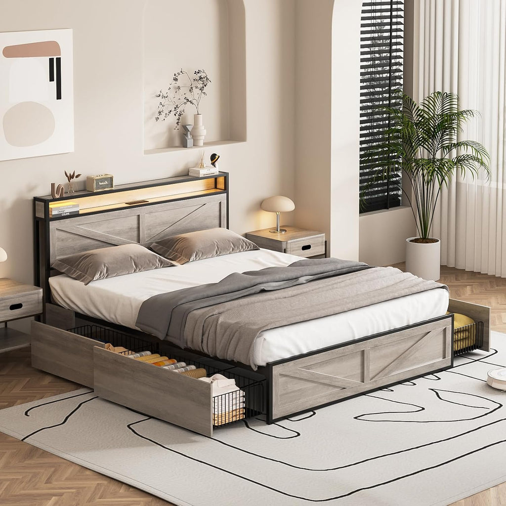 Halitaa LED Queen Size Bed Frame with Charging Station & 4 Drawers, Platform Metal Bed with Headboard USB Ports Outlets, Farmhouse Bed Frame with LED Lights, Noise Free, Wash Grey (Queen)