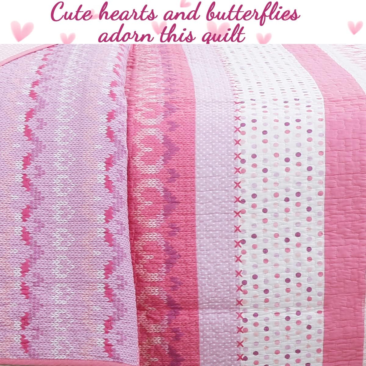 Cozy Line Home Fashions Pink Butterfly Knit 100% Cotton Reversible Quilt Bedding Set, Coverlet, Bedspreads (Queen - 6 Piece: 1 Quilt + 2 Standard Shams + 3 Decorative Pillows)