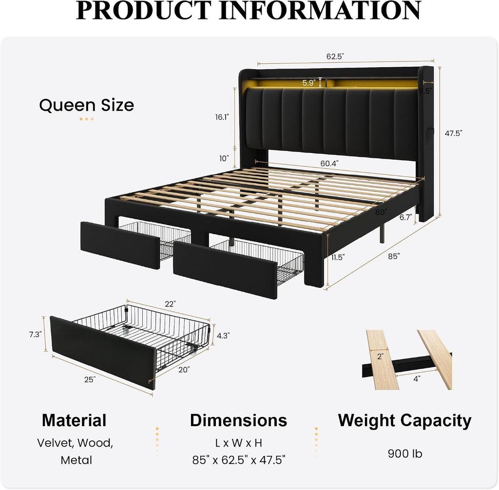 SHA CERLIN Velvet Queen Bed Frame with Vertical Channel Tufted Wingback Headboard & 2 Storage Drawers/2-Tier Shelves with LED Lights & Charging Station/Noise-Free/No Box Spring Needed/Black