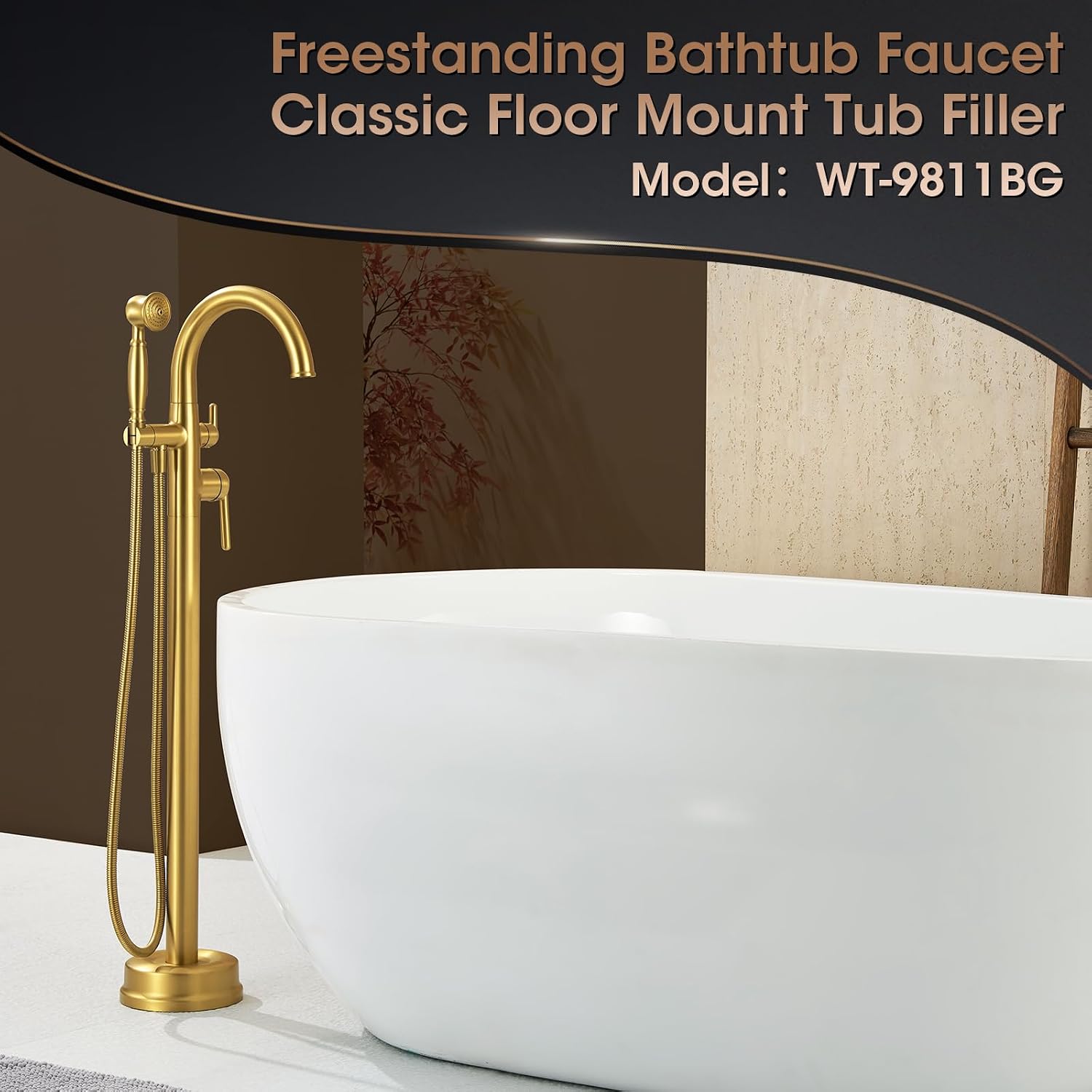 Free Standing Tub Faucet, Wintap Brass Antique Freestanding Bathtub Filler with Handheld Sprayer Max 6.6GPM/60PSI Classic Brushed Gold WT-9811BG