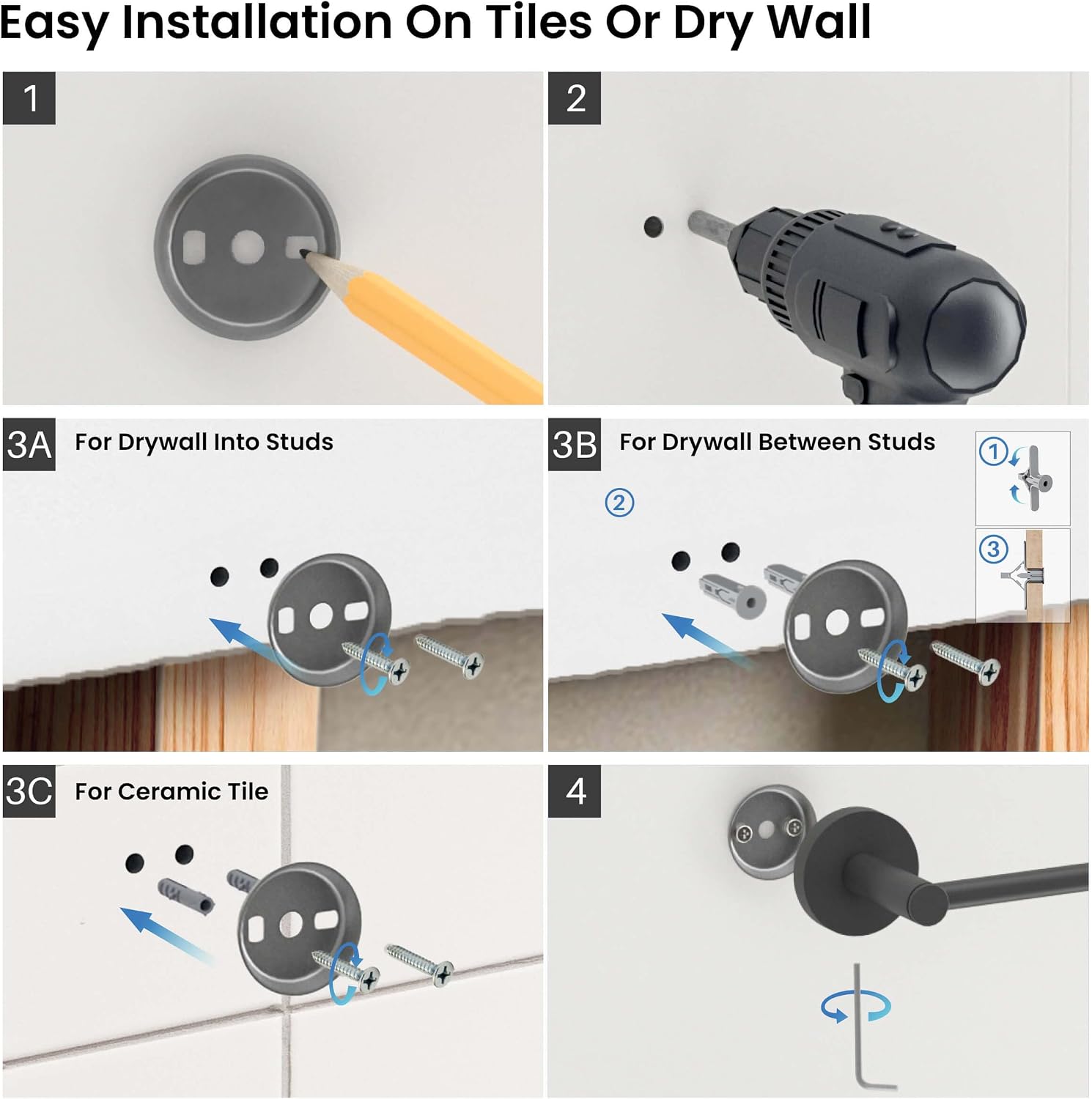 KIBI 5-Piece Bathroom Hardware Set – Wall Mounted Circular Bathroom Accessories Kit with 18 Inch Towel Bar, Towel Ring, Toilet Paper Holder & 2 Robe Hooks – Matte Black
