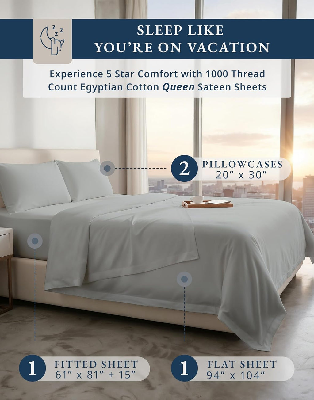100% Egyptian Cotton Sheets Queen Size Set – 1000 Thread Count Silky Sateen Weave Sheets, 15' Secure Fit Deep Pocket Queen Sheet Set, Naturally Breathable, Hotel-Quality Luxury You Can Feel - Silver