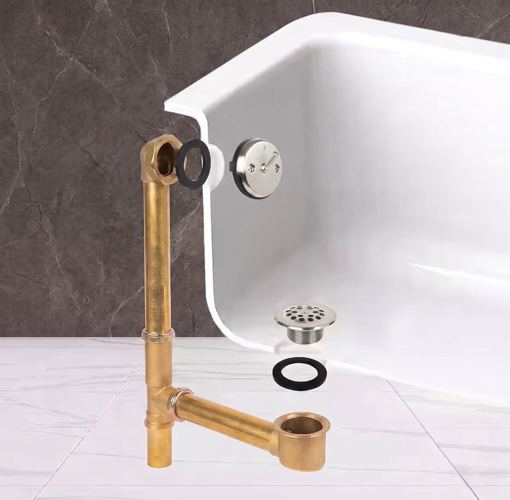 Fine Fixtures Bathtub Shower Drain - 20 Gauge Brass Tubing, Trip Lever Overflow Assembly Tub Drain Kit - Satin Nickel
