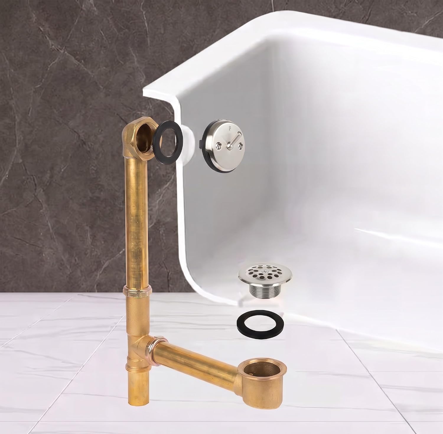 Fine Fixtures Bathtub Shower Drain - 20 Gauge Brass Tubing, Trip Lever Overflow Assembly Tub Drain Kit - Satin Nickel