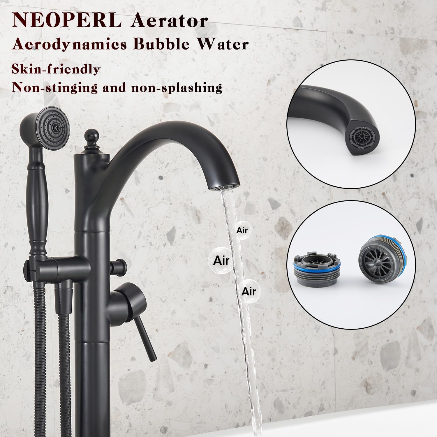 Freestanding Bathtub Faucet, Matte Black Classic Free Standing Tub Faucet with Vintage Handheld Sprayer High Flow Max 7.04GPM Floor Mounted Tub Filler (WT-9002BK)