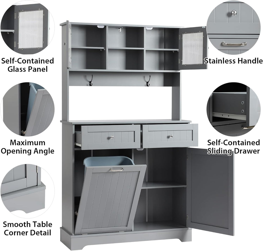 Tilt Out Trash Cabinet,Storage Cabinet,Two Solid Wood Hideaway Trash Holder Drawers,Wooden Freestanding Recycling Cabinets,Trash Can for Kitchen,Gray