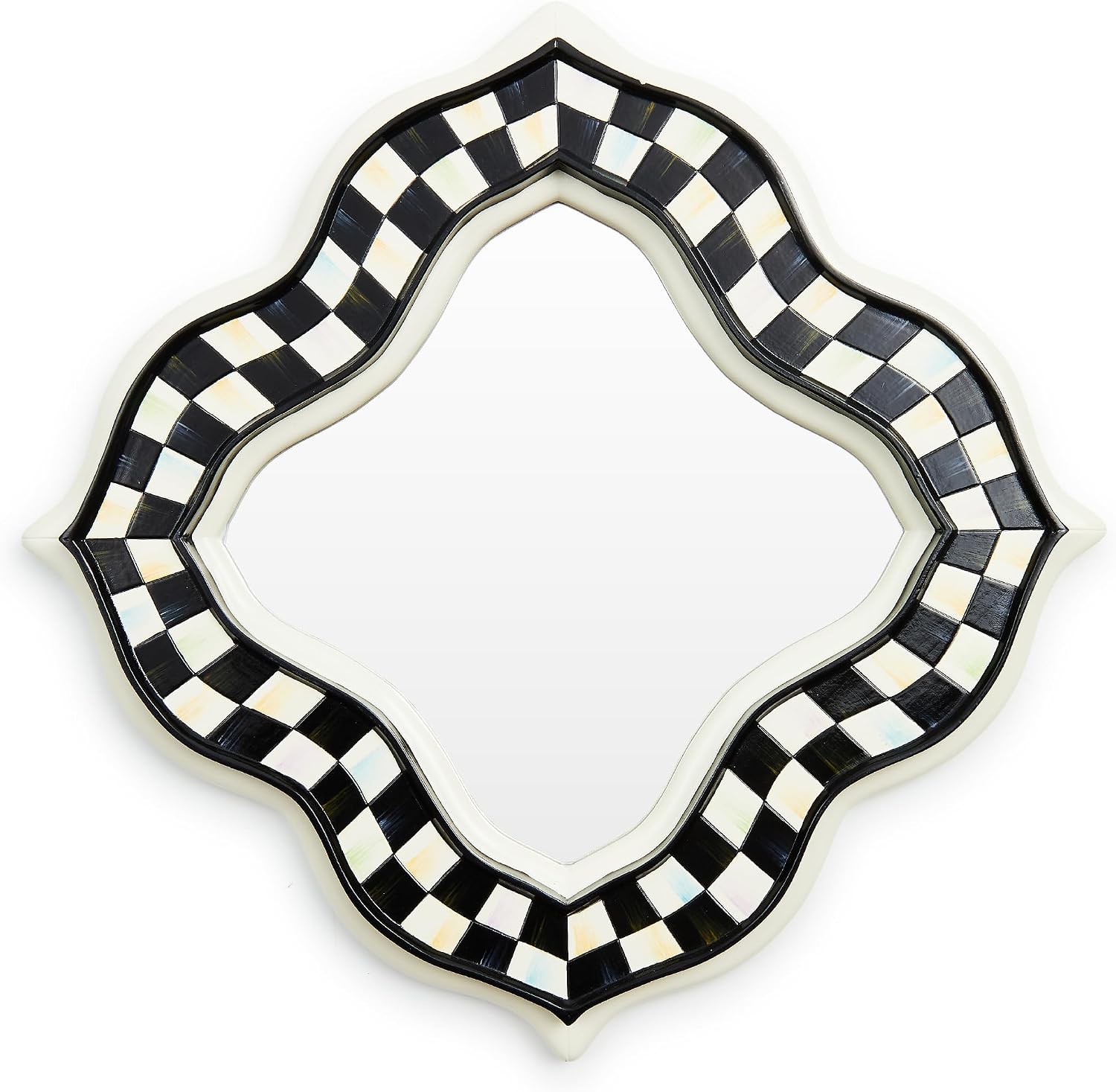 MACKENZIE-CHILDS Quatriflower Small Wall Mirror, Diamond Mirror Wall Decor, Black-and-White Courtly Check