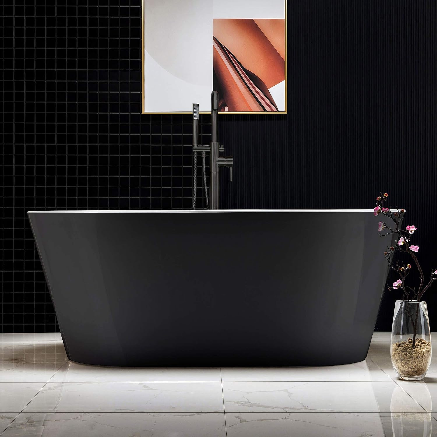 WOODBRIDGE 59' Acrylic Freestanding Bathtub Contemporary Soaking Tub with Matte Black Overflow and Drain,Black