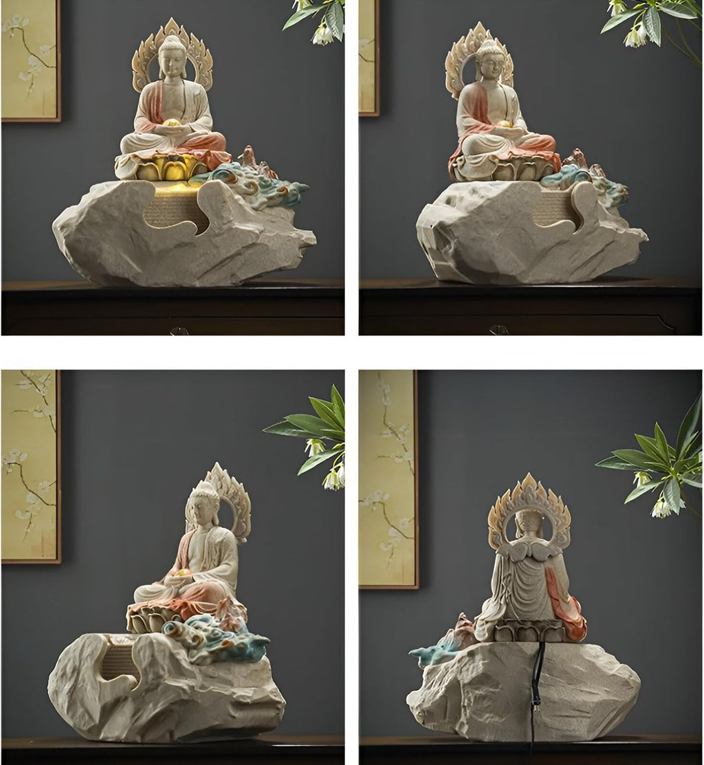 Zen Buddha Tabletop Fountain with LED Lights & Crystal Accents – Indoor Meditation Waterfall Feature with Cascading Water for Home, Office, Living Room or Bedroom – Free 10 Free Crystals (Style 1)