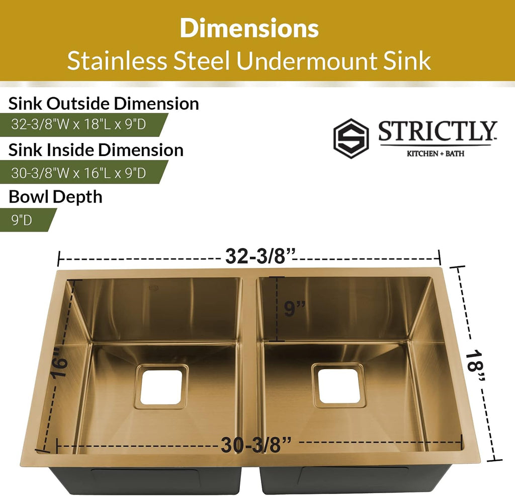 Strictly Sinks 32 Inch Undermount Double Bowl Kitchen Sink – Gold Kitchen Sink Designer Shelf Accessory 16 Gauge Stainless Steel – With Bottom Grid, 1 Disposal Adapter and 2 Strainer Drains