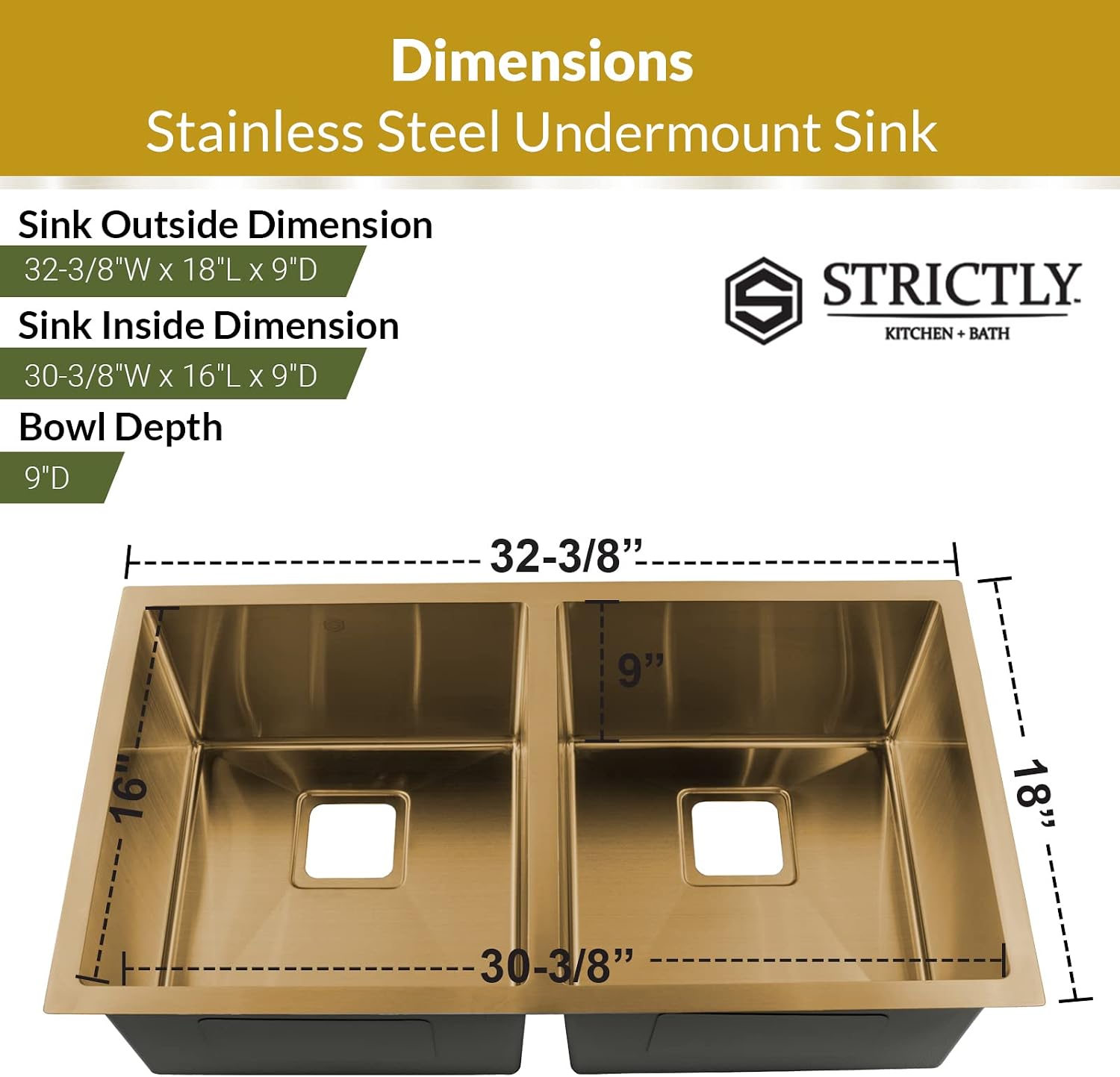 Strictly Sinks 32 Inch Undermount Double Bowl Kitchen Sink – Gold Kitchen Sink Designer Shelf Accessory 16 Gauge Stainless Steel – With Bottom Grid, 1 Disposal Adapter and 2 Strainer Drains