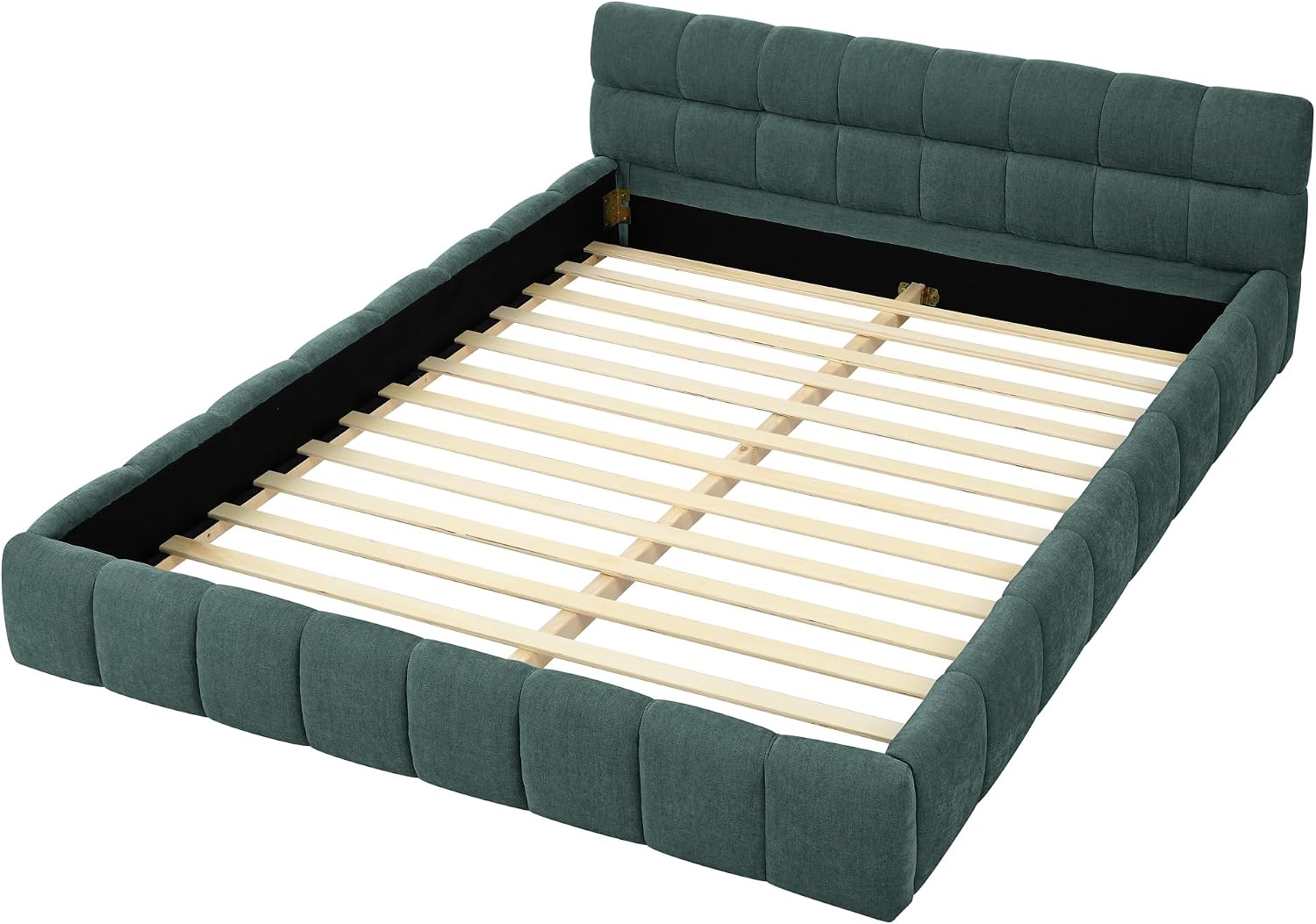 extrasleep Queen Size Soft Cloud Bed Frame, Chenille Upholstered Platform Beds with Thick Headboard, Queen Floor Bed with Solid Wood Frame, No Box Spring Needed, Easy Assembly, Green