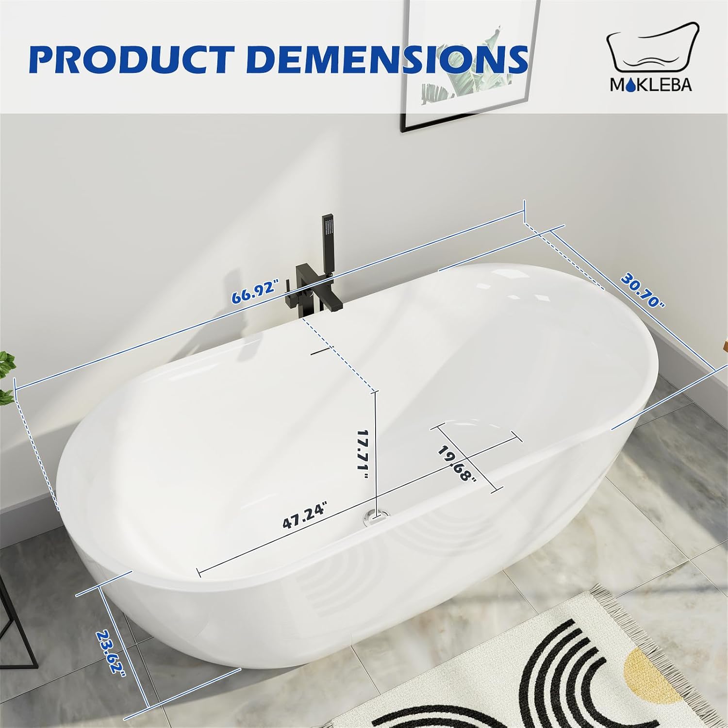 67' Acrylic Freestanding Bathtub, Elegant Oval Free Standing Tub, Soaking Tub with Integrated Slotted Overflow, Toe-Tap Chrome Drain, cUPC Certified, Glossy White