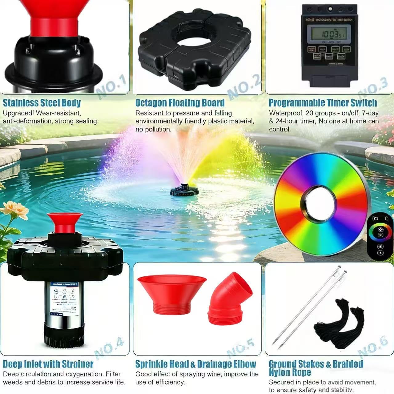 Pond Fountain Aerator,pond aerator,with Dynamic LED RGB Lighting Adjustable Modes, Digital Timer | 1 HP 15,000 GPH, 750W 110V, 100FT Cord - for Large Ponds, Lakes & Outdoor Water Features