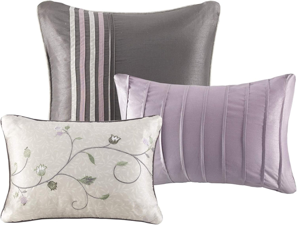 Madison Park Serene Faux Silk Comforter Set - Floral Embroidery Design, All Season Bedding Set, Matching Bed Skirt, Decorative Pillows, Purple Queen(90'x90') 7 Piece