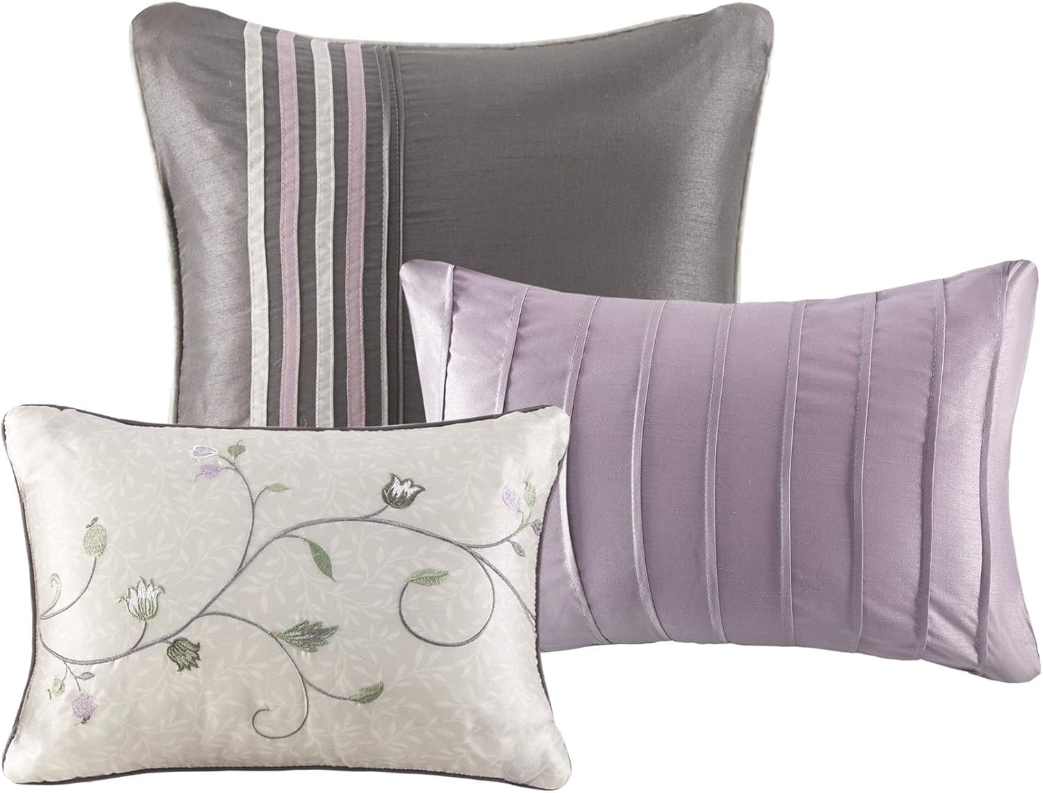 Madison Park Serene Faux Silk Comforter Set - Floral Embroidery Design, All Season Bedding Set, Matching Bed Skirt, Decorative Pillows, Purple Queen(90'x90') 7 Piece