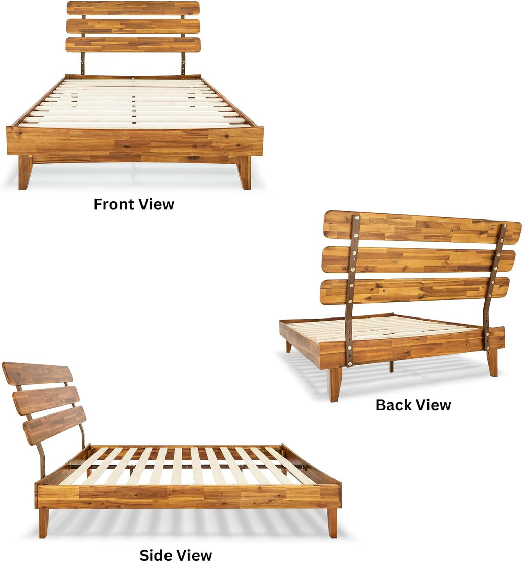 Bme Caden 15 Inch Deluxe Bed Frame with Adjustable Headboard - Mid Century, Retro Style with Acacia Wood - No Box Spring Needed - 12 Strong Wood Slat Support - Easy Assembly - Caramel, Full