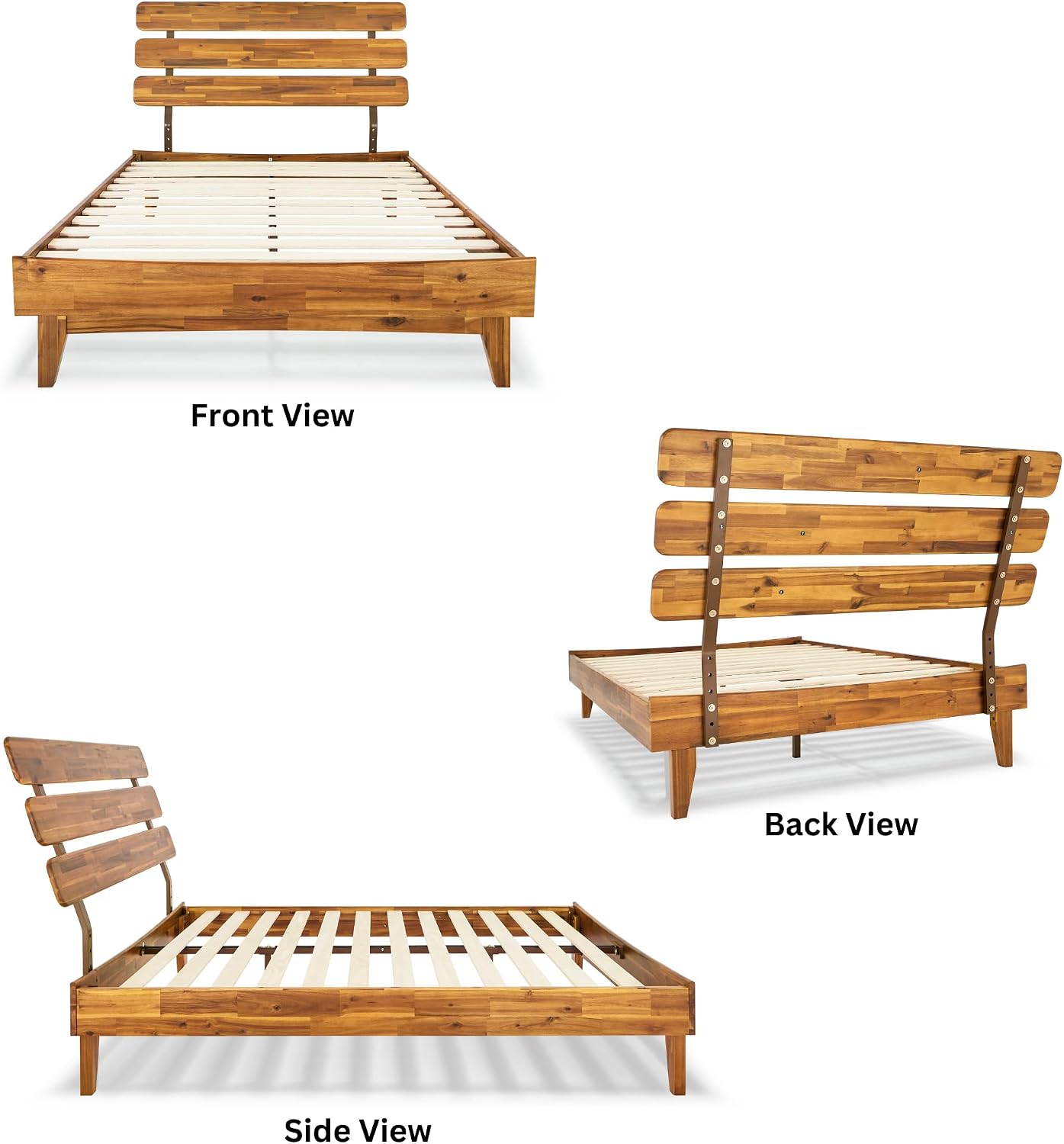 Bme Caden 15 Inch Deluxe Bed Frame with Adjustable Headboard - Mid Century, Retro Style with Acacia Wood - No Box Spring Needed - 12 Strong Wood Slat Support - Easy Assembly - Caramel, Full