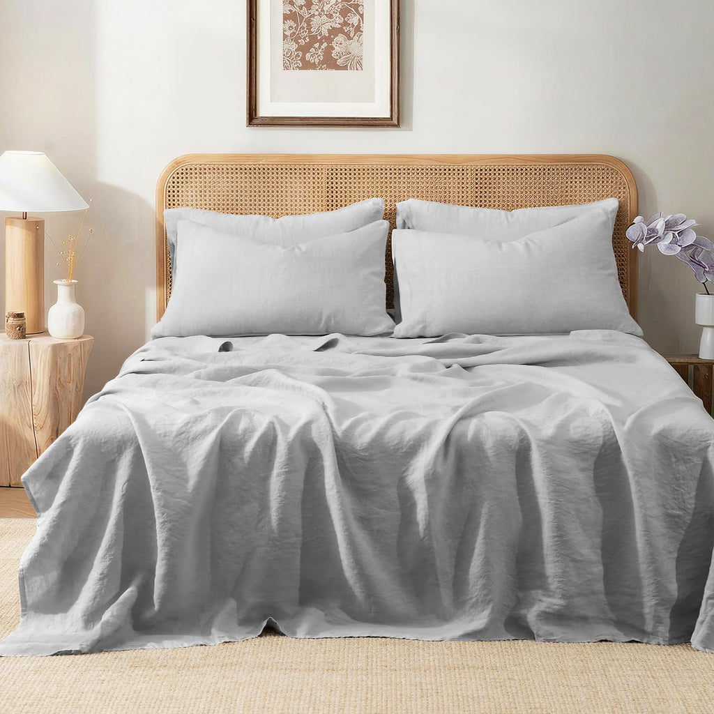 S VICTORY SYMBOL 100% Organic Linen Sheets Set Twin Size 3Pcs,French Natural Flax Bed Sheets(1 Pillowcase,1 Fitted Sheet,1 Flat Sheet) Breathable Bedding Set,Fog